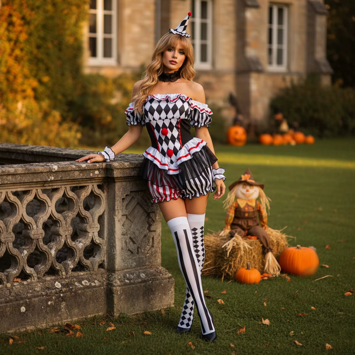 Women's Clown Jumpsuit Costume Set Off Shoulder Shorts with Hat and Stockings 1