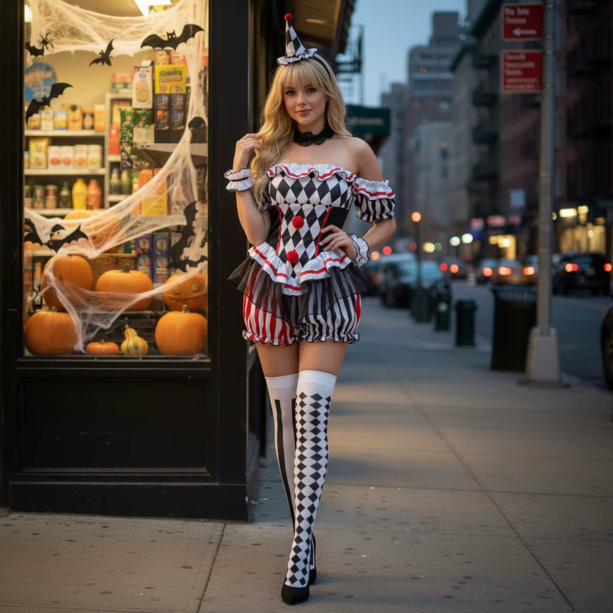Women's Clown Jumpsuit Costume Set Off Shoulder Shorts with Hat and Stockings 4