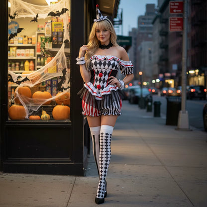 Women's Clown Jumpsuit Costume Set Off Shoulder Shorts with Hat and Stockings 4