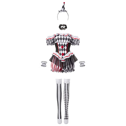 Women's Clown Jumpsuit Costume Set Off Shoulder Shorts with Hat and Stockings 5