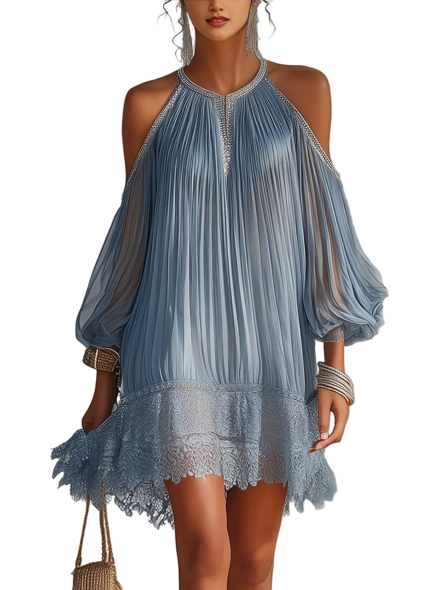 Women's Cold Shoulder Dress Pleated Patchwork Style 0