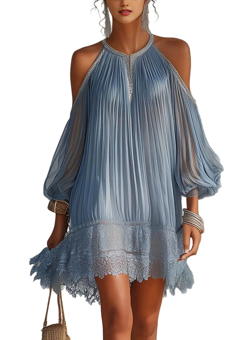 Women's Cold Shoulder Dress Pleated Patchwork Style 0