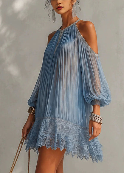 Women's Cold Shoulder Dress Pleated Patchwork Style 2