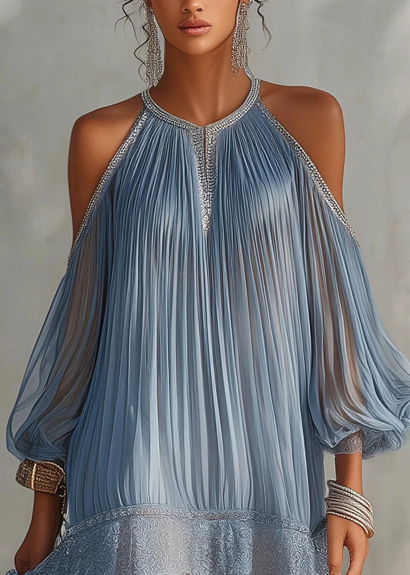 Women's Cold Shoulder Dress Pleated Patchwork Style 3