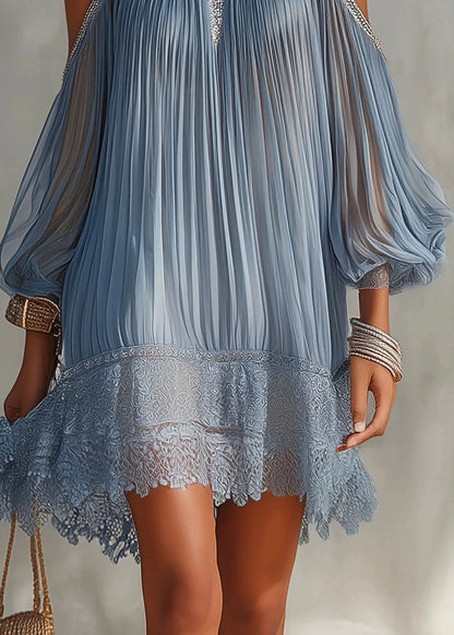Women's Cold Shoulder Dress Pleated Patchwork Style 4