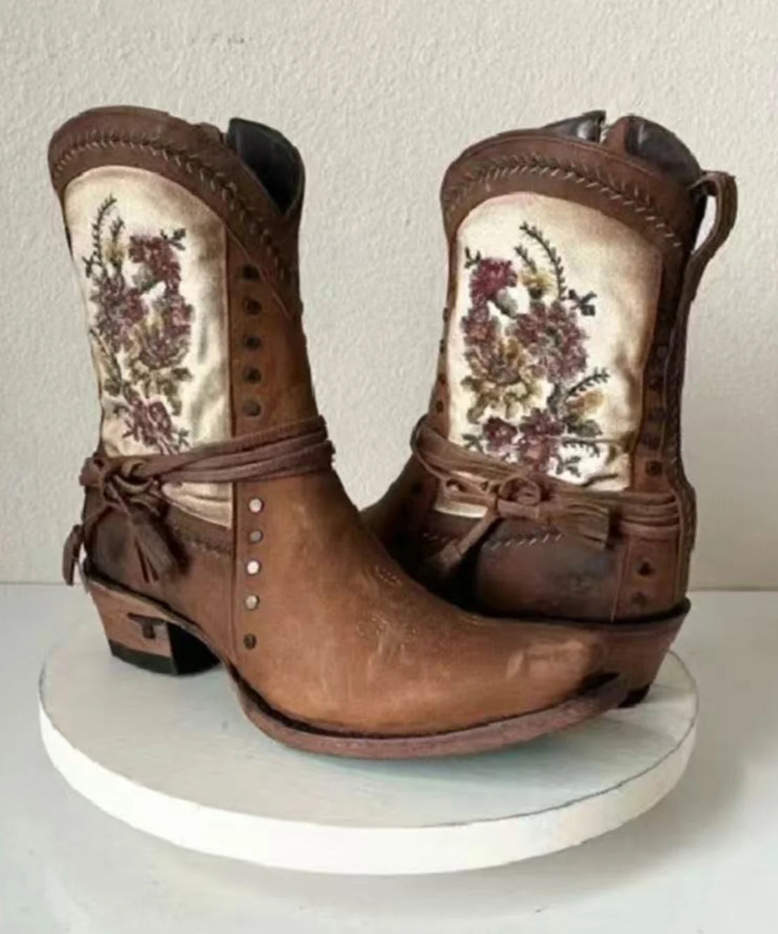 Women's Cowgirl Boots Vintage Embroidered Side Zipper Chunky Heel 0