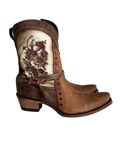 Women's Cowgirl Boots Vintage Embroidered Side Zipper Chunky Heel 1
