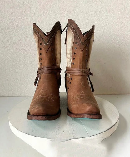 Women's Cowgirl Boots Vintage Embroidered Side Zipper Chunky Heel 2