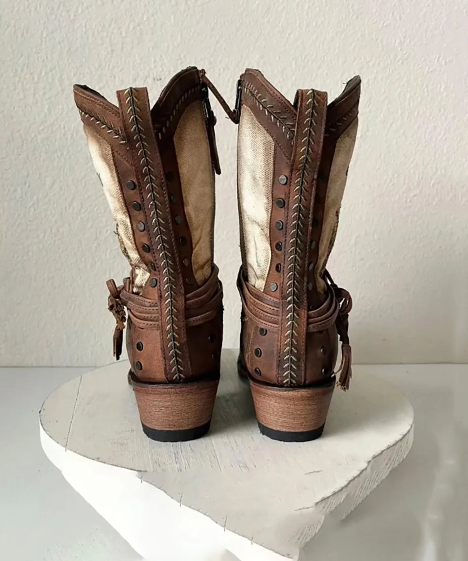 Women's Cowgirl Boots Vintage Embroidered Side Zipper Chunky Heel 4