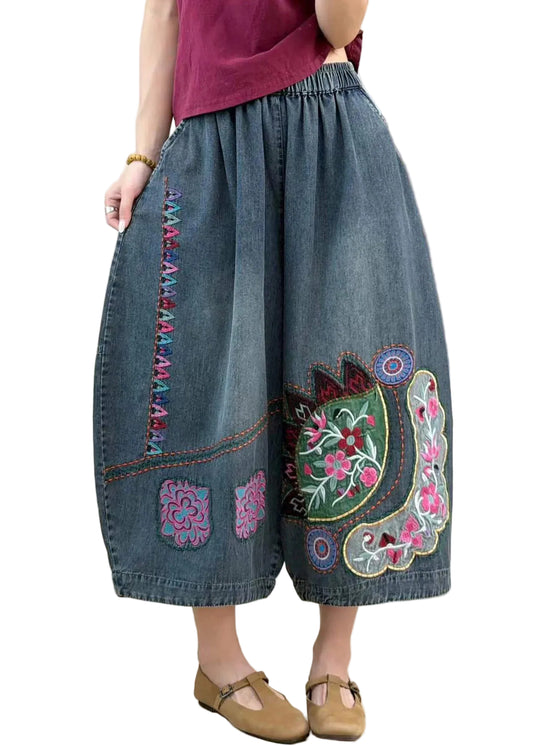 Women's Crop Jeans Embroidered Elastic Waist Casual 0