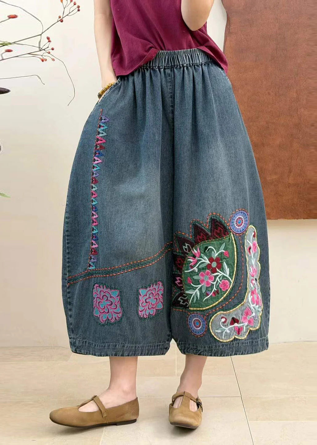 Women's Crop Jeans Embroidered Elastic Waist Casual 2