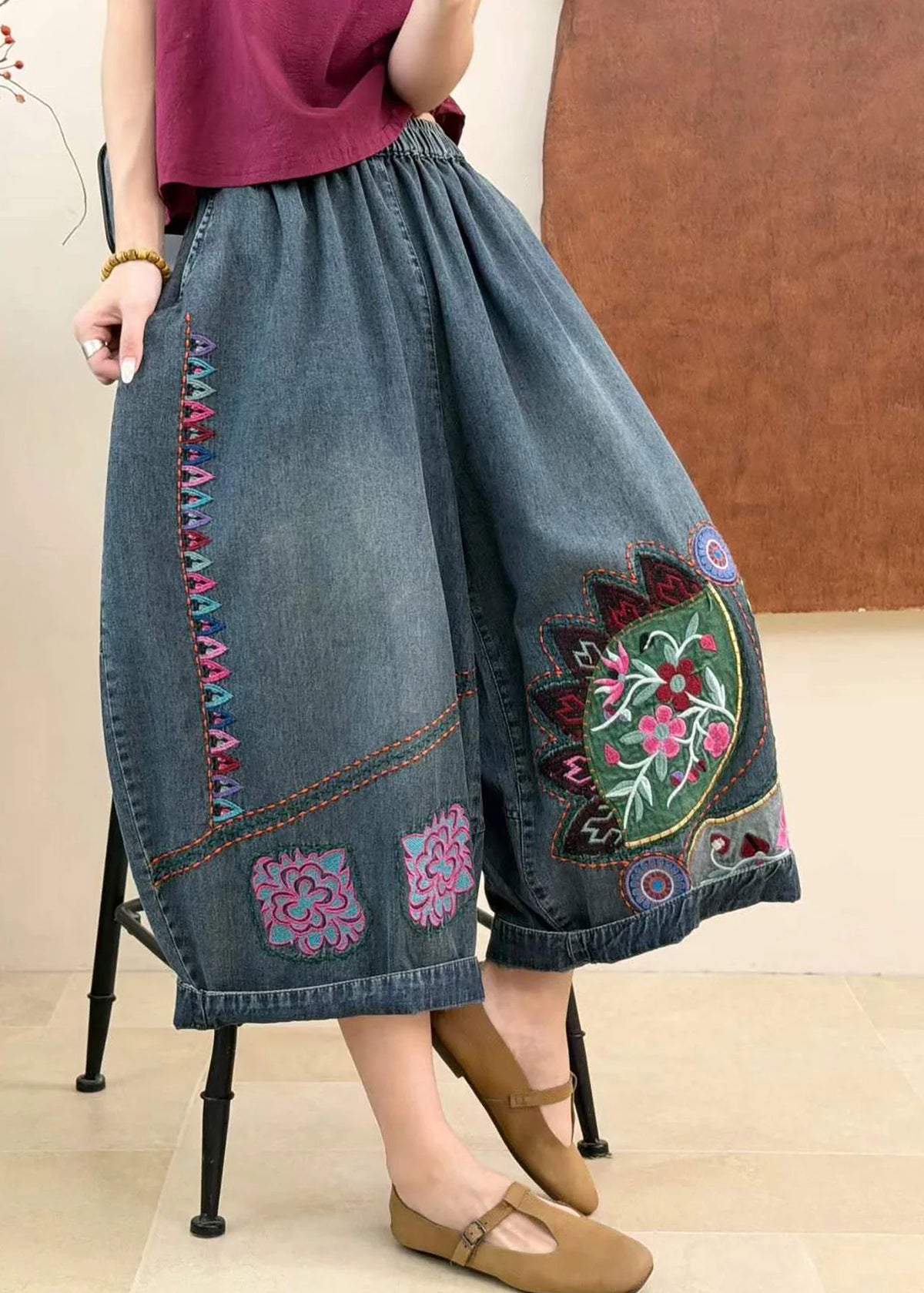 Women's Crop Jeans Embroidered Elastic Waist Casual 3