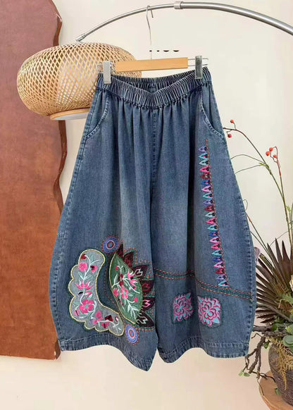 Women's Crop Jeans Embroidered Elastic Waist Casual 4