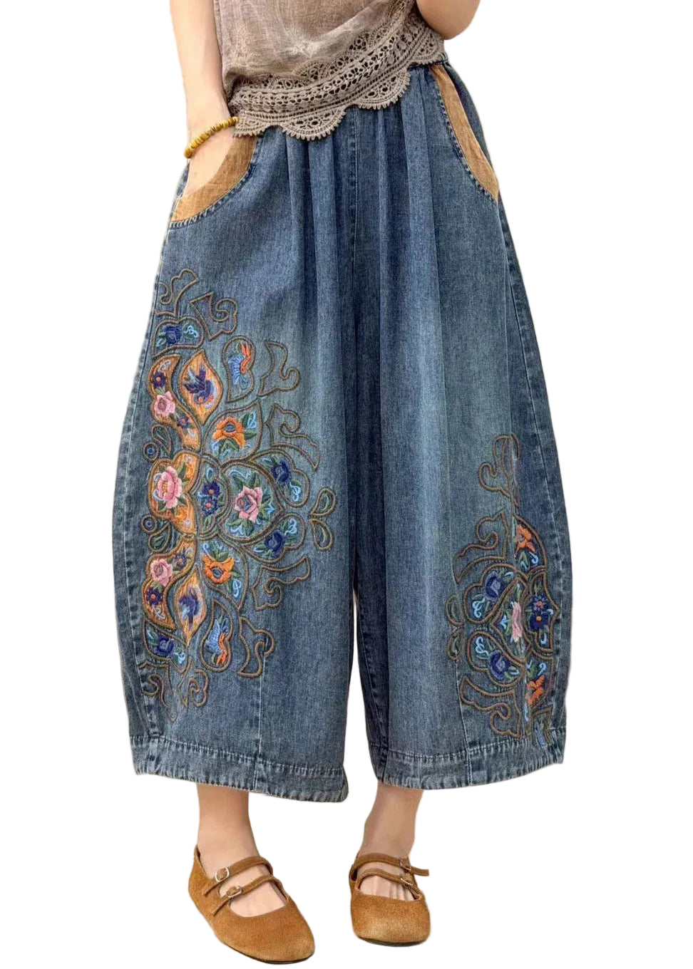 Women's Crop Jeans Plus Size Embroidered Pockets Elastic Waist 0