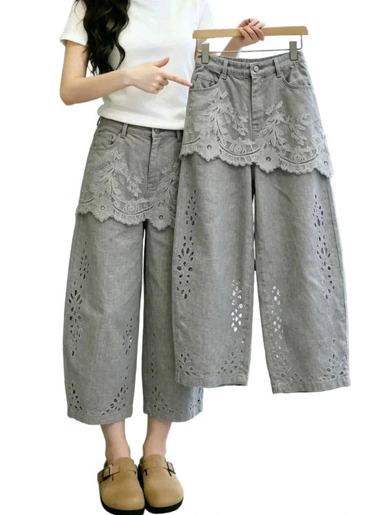 Women's Crop Pants Lace Patchwork Hollow Out Style 0