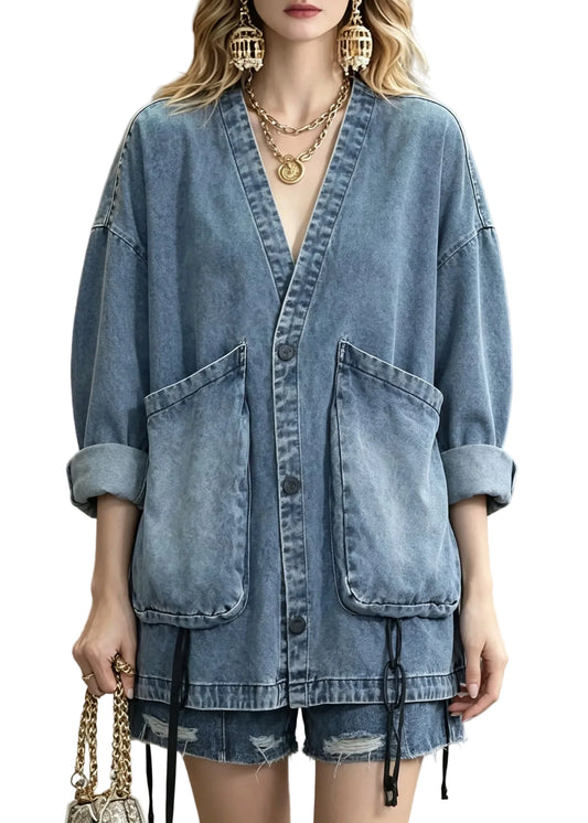 Women's Denim Coat Patchwork Button Long Sleeve 0