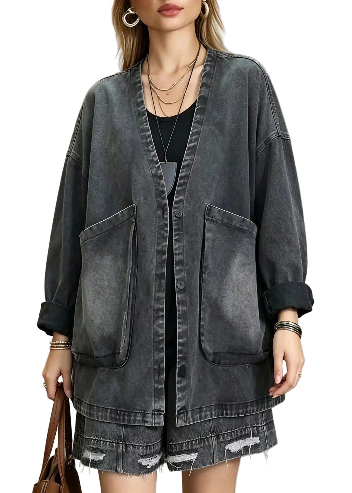 Women's Denim Coat Vintage Style with V Neck and Pockets 0