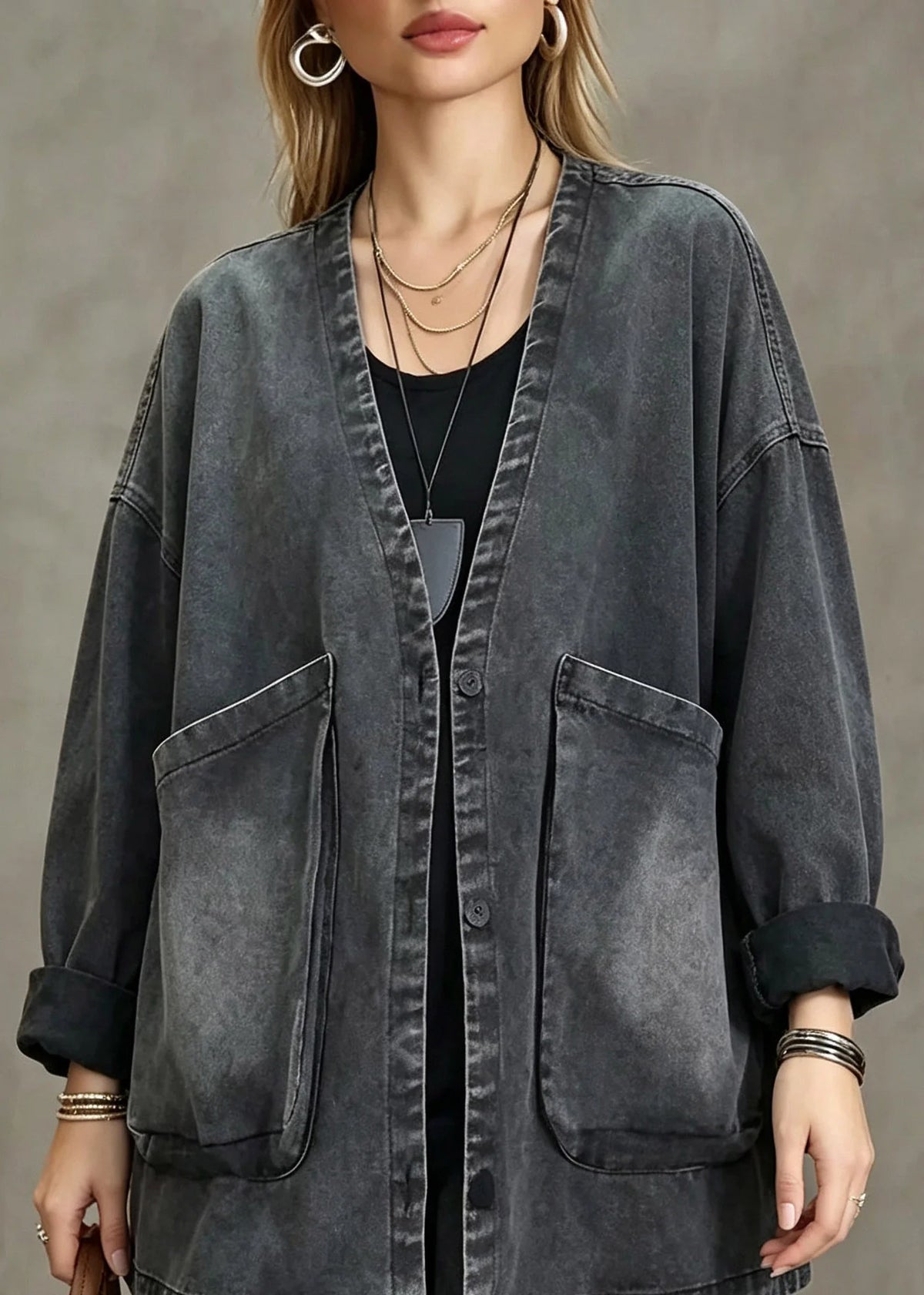 Women's Denim Coat Vintage Style with V Neck and Pockets 1