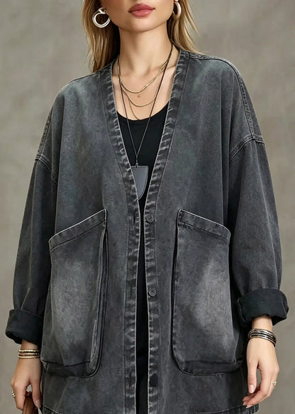 Women's Denim Coat Vintage Style with V Neck and Pockets 1