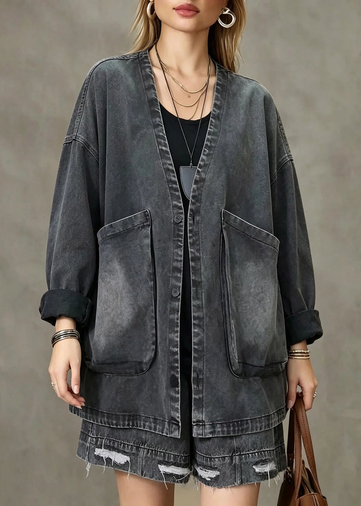 Women's Denim Coat Vintage Style with V Neck and Pockets 2