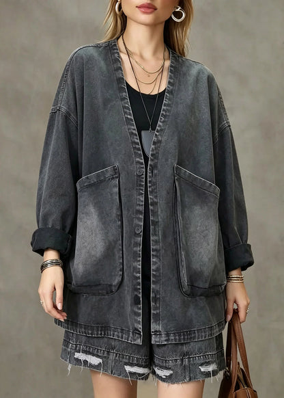 Women's Denim Coat Vintage Style with V Neck and Pockets 2