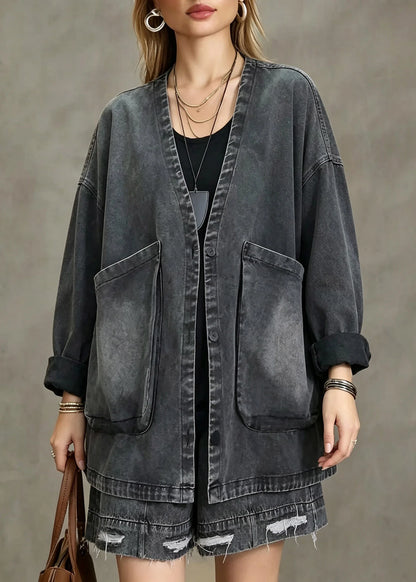 Women's Denim Coat Vintage Style with V Neck and Pockets 4