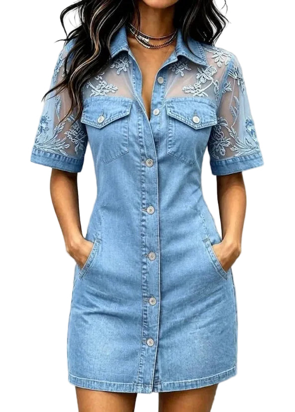 Women's Denim Dress Peter Pan Collar Patchwork Short Sleeve 0