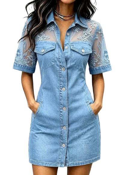 Women's Denim Dress Peter Pan Collar Patchwork Short Sleeve 0