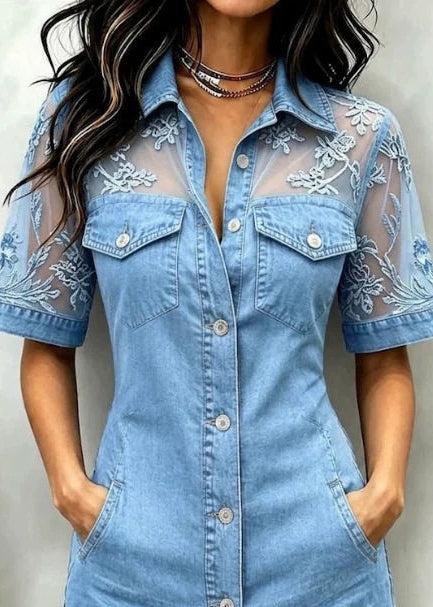 Women's Denim Dress Peter Pan Collar Patchwork Short Sleeve 3