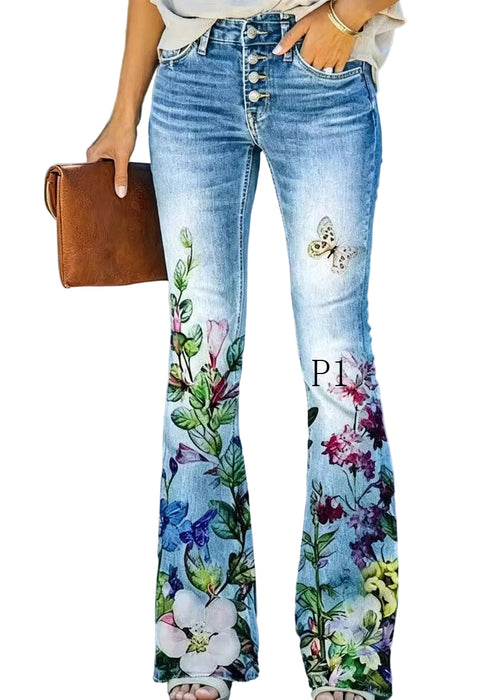 Women's Denim Flare Pants High Waist Modern Print 0