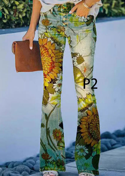 Women's Denim Flare Pants High Waist Modern Print 1