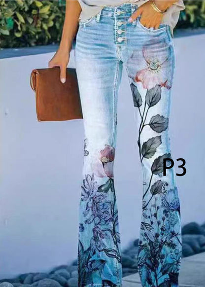 Women's Denim Flare Pants High Waist Modern Print 2