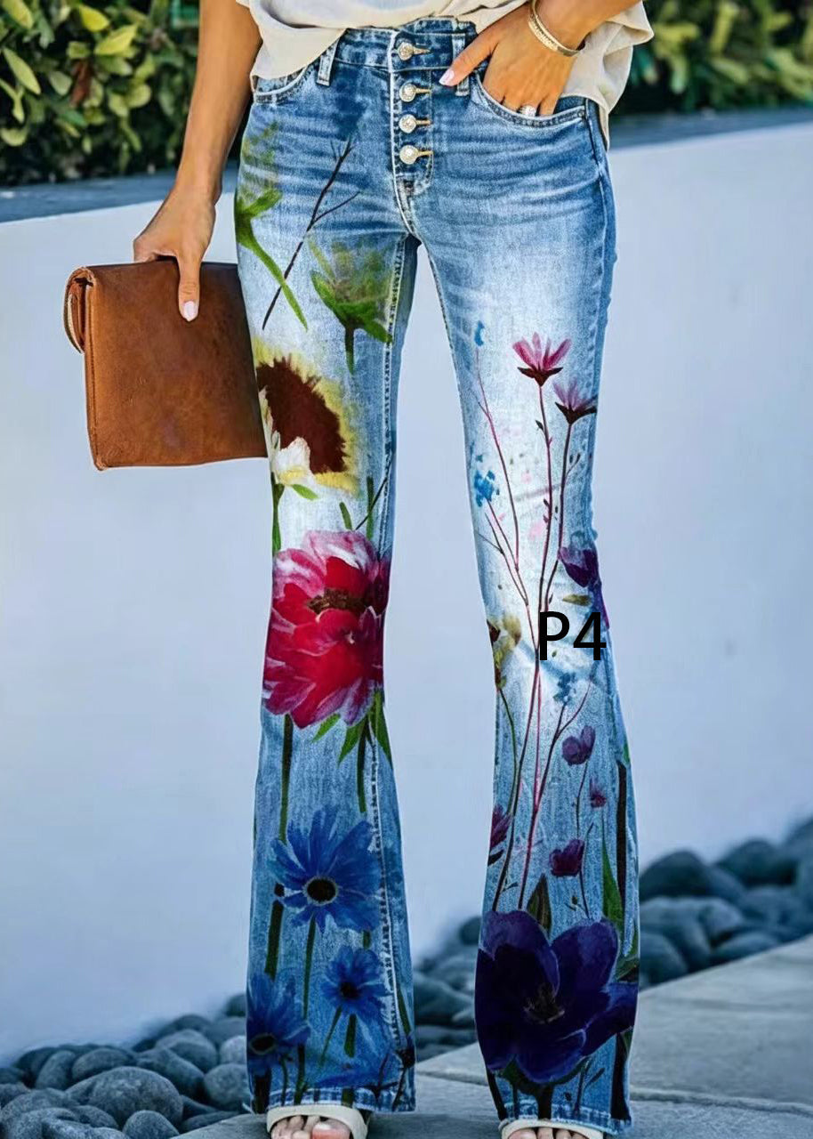 Women's Denim Flare Pants High Waist Modern Print 3