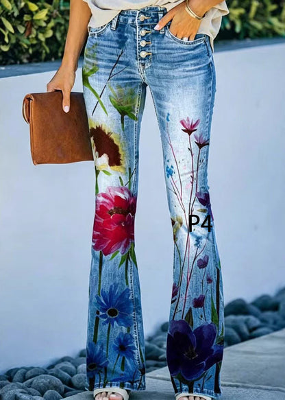 Women's Denim Flare Pants High Waist Modern Print 3