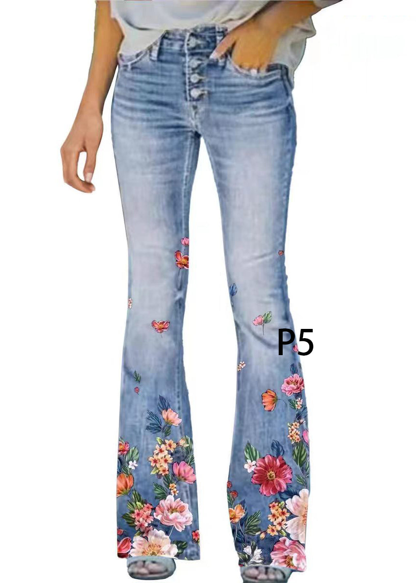 Women's Denim Flare Pants High Waist Modern Print 4