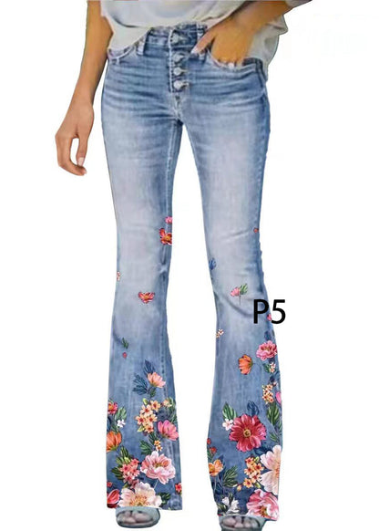 Women's Denim Flare Pants High Waist Modern Print 4