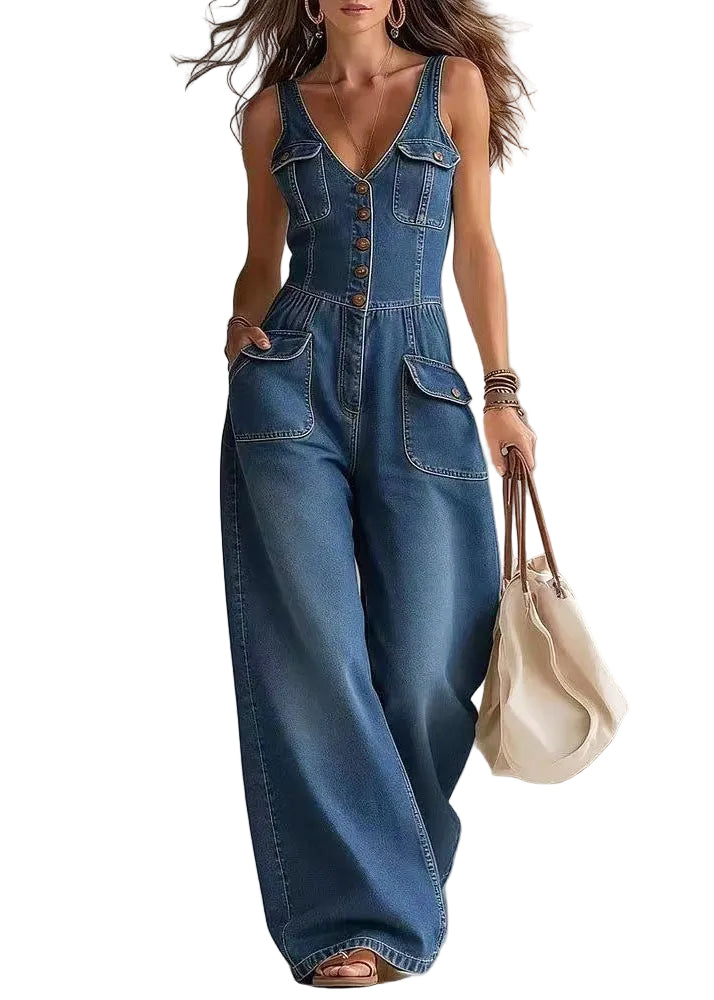 Women's Denim Jumpsuit Straight Leg with Oversized Pockets 0