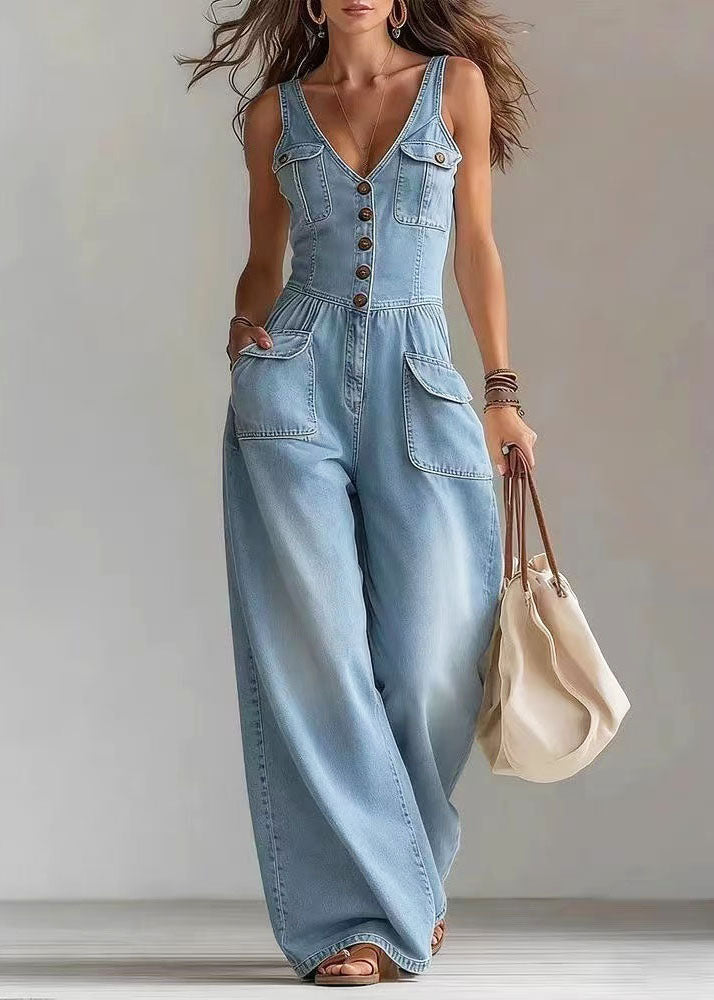 Women's Denim Jumpsuit Straight Leg with Oversized Pockets 1