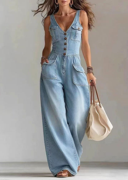 Women's Denim Jumpsuit Straight Leg with Oversized Pockets 1