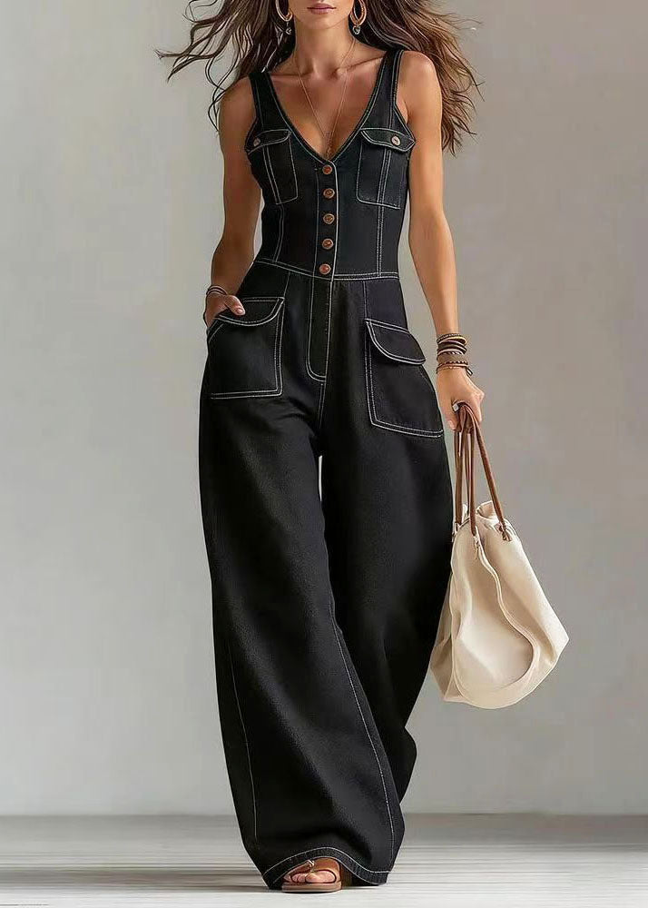 Women's Denim Jumpsuit Straight Leg with Oversized Pockets 2