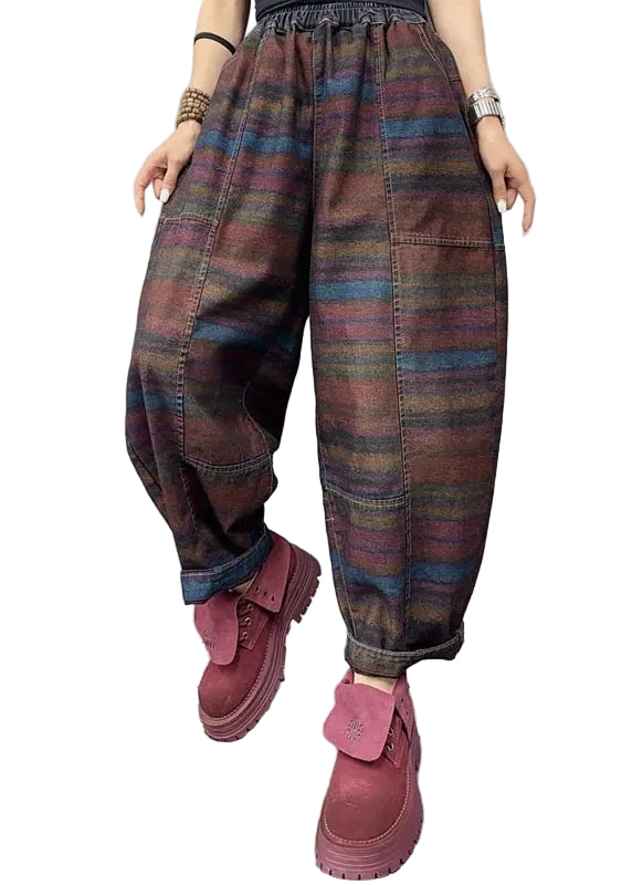 Women's Denim Pants Multi Striped Elastic Waist 0