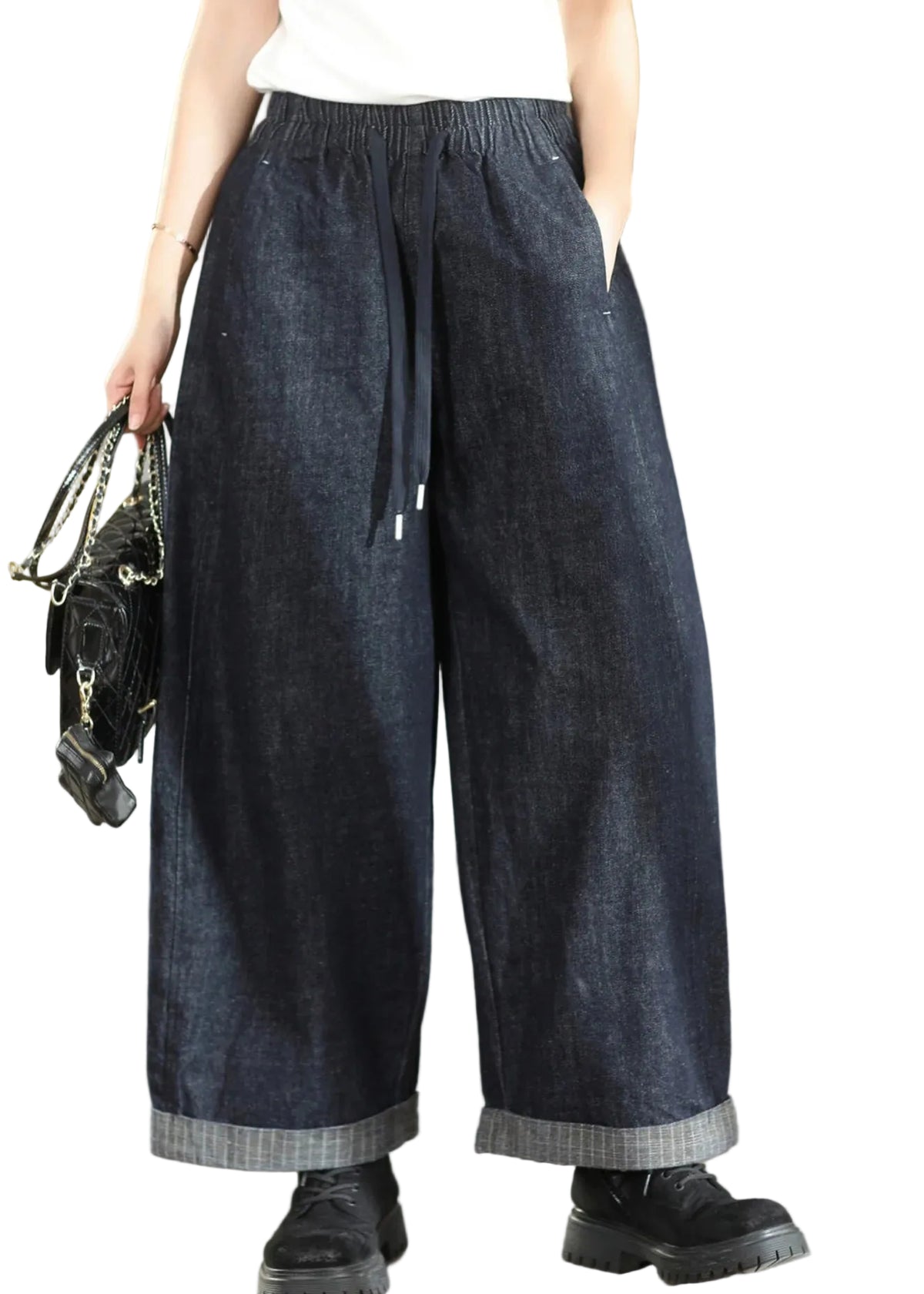 Women's Denim Pants Patchwork Style with Elastic Waist 0
