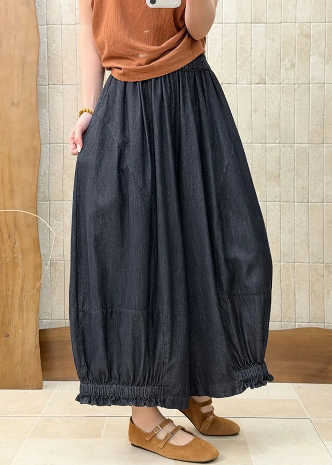 Women's Denim Pants Ruffled Patchwork with Elastic Waist 1