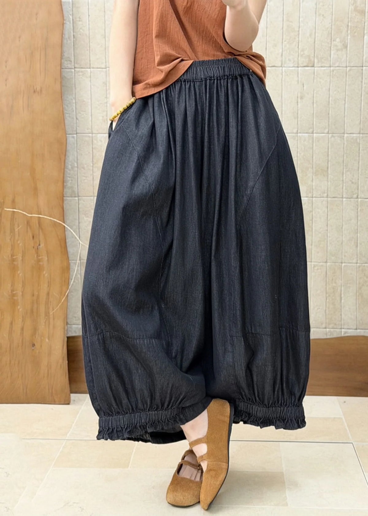 Women's Denim Pants Ruffled Patchwork with Elastic Waist 2