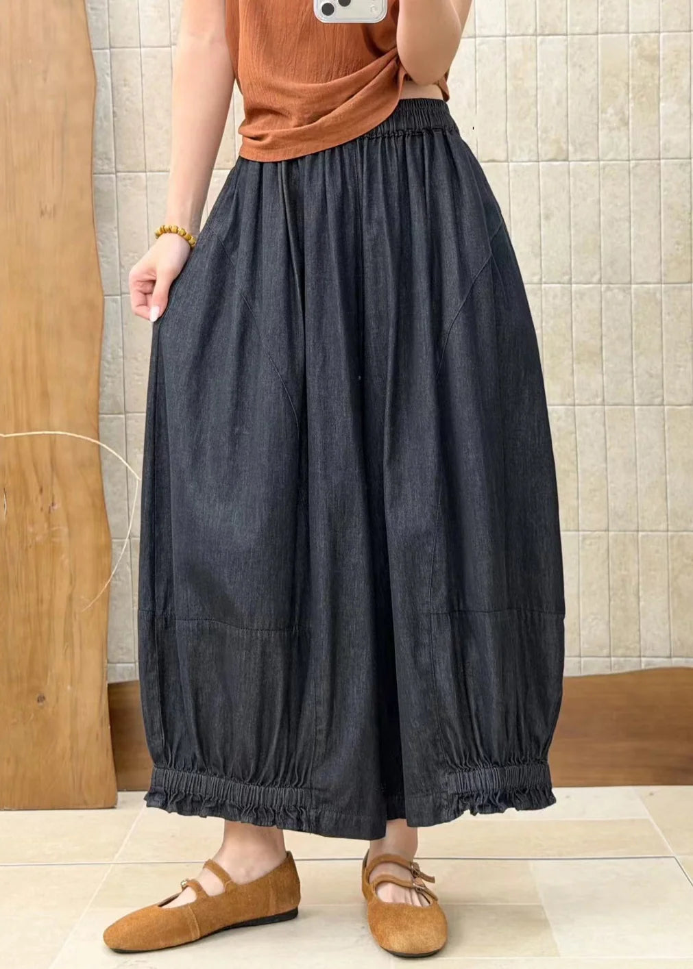 Women's Denim Pants Ruffled Patchwork with Elastic Waist 3