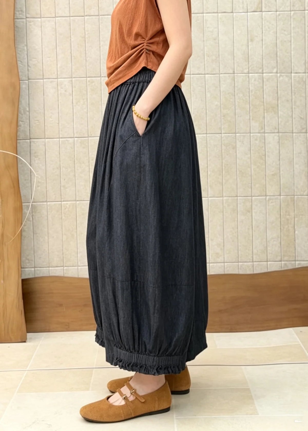 Women's Denim Pants Ruffled Patchwork with Elastic Waist 4