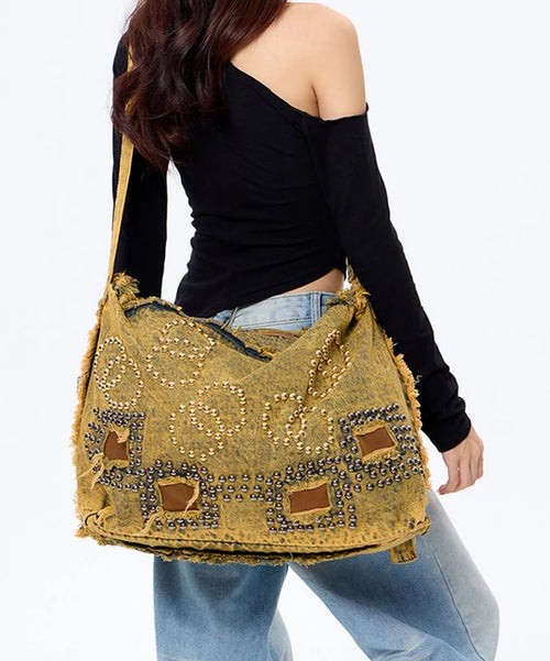 Women's Denim Shoulder Bag Rivet Detail Large Capacity 0