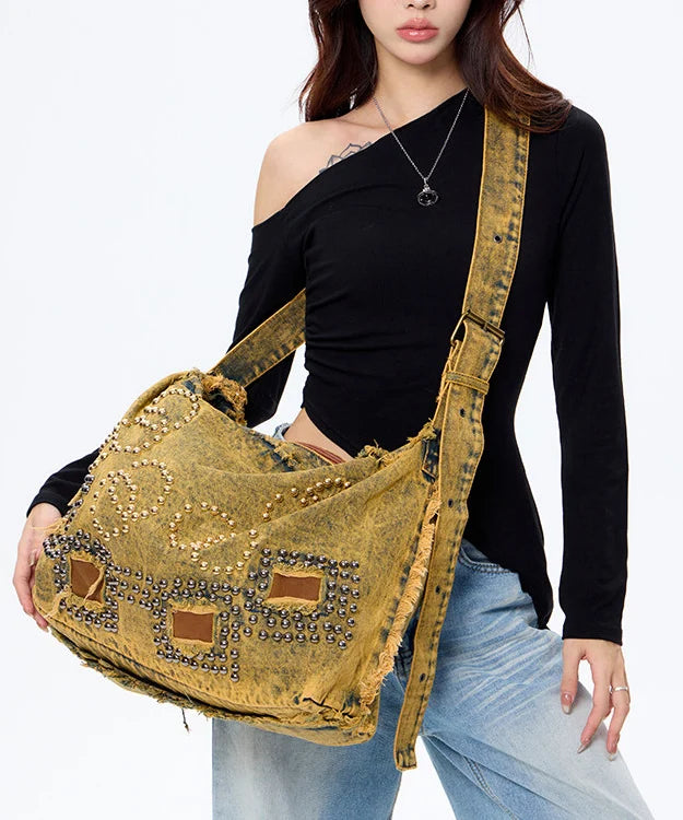 Women's Denim Shoulder Bag Rivet Detail Large Capacity 1