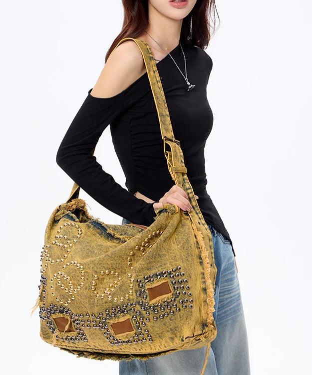 Women's Denim Shoulder Bag Rivet Detail Large Capacity 3