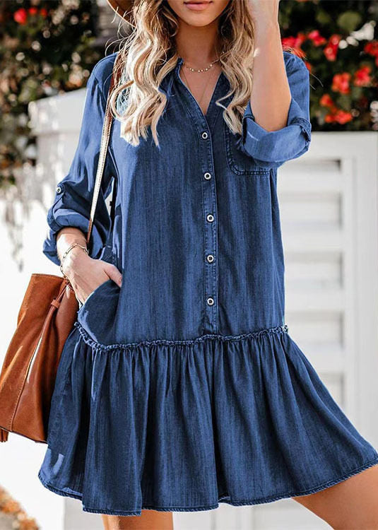 Women's Denim Tea Dress Stand Collar Ruffled 0
